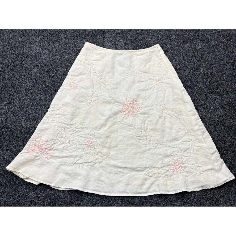 Lily Stanhope White Linen Floral Embroidered Sequin A-Line Skirt Size 4
